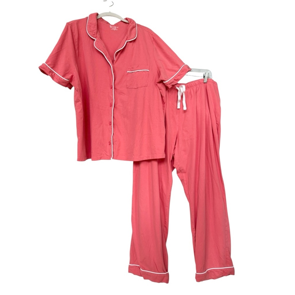 Pajamagram Solid Jersey Short-Sleeve Button-Front Pajama Set Pants Coral 1X